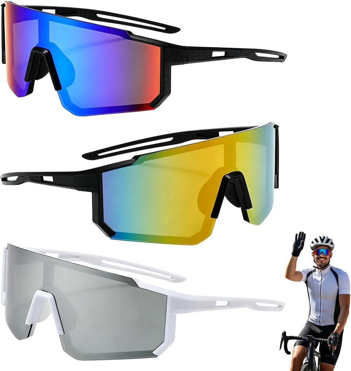 3 stuks sportzonnebril, sportbril, fietsbril, winddicht, UV 400 | Fietsbril voor heren, sportbril, sportbril, loopbril, heren, dames, voor racefiets, ski, rave, golf, outdooractiviteiten