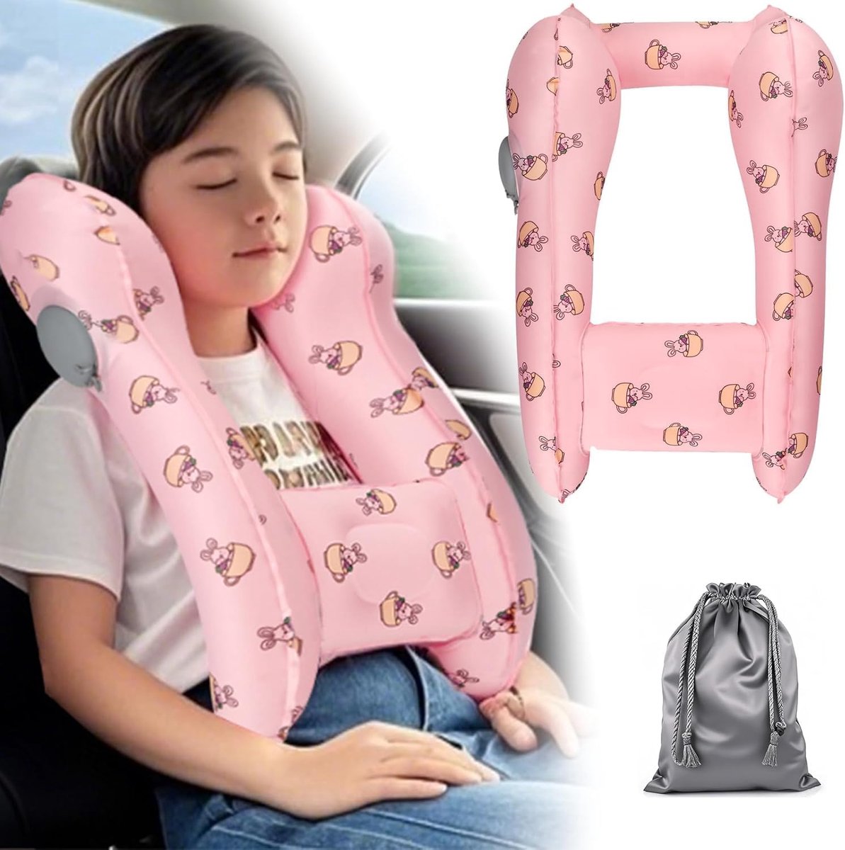 Auvstar Slaaphulp voor kinderen in de auto, reiskussen, nekkussen voor kinderen, knuffelvriend, kinderhoofdkussen, draagbaar opblaasbaar kussen voor meer op de achterbank bij lange ritten (roze)