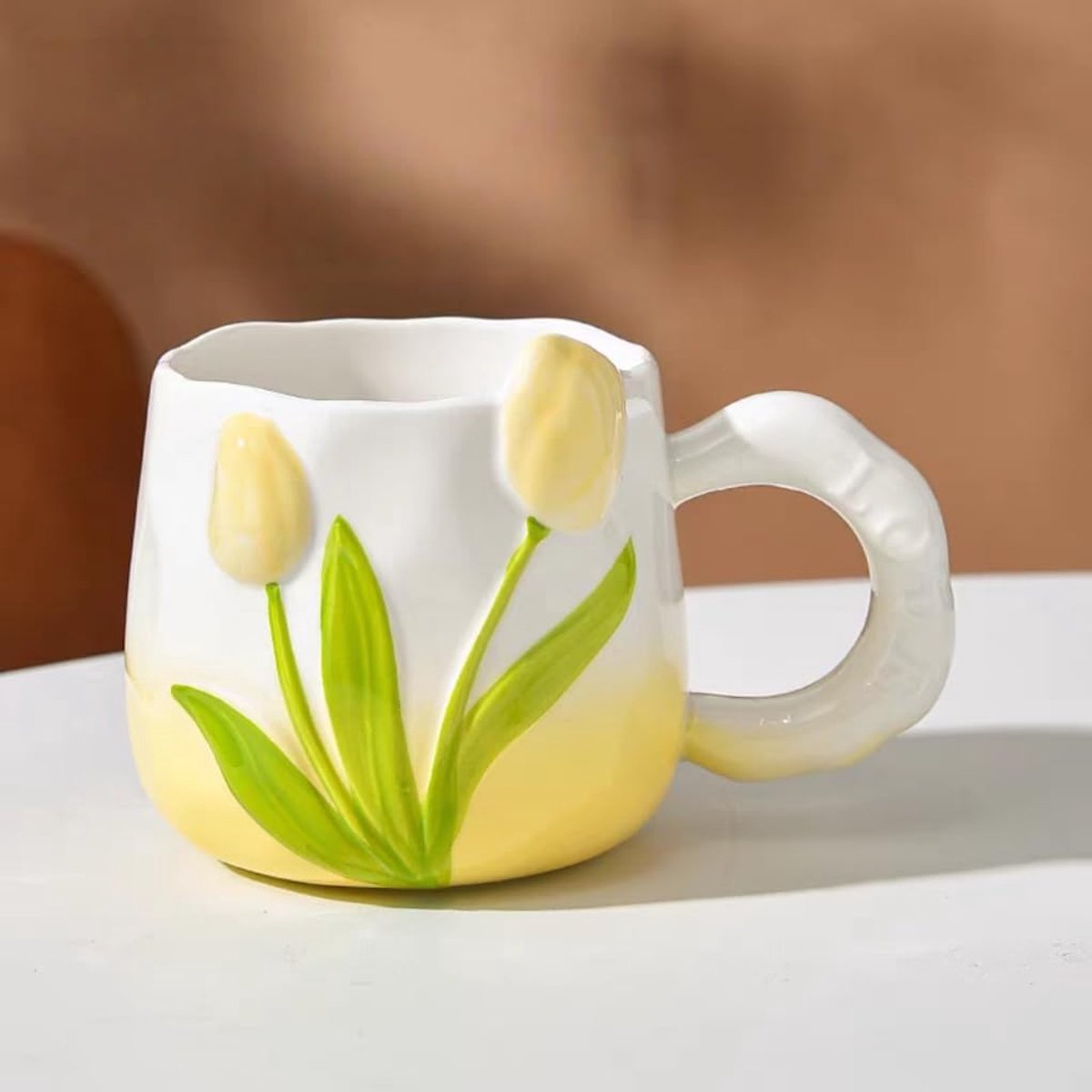 Mok keramiek, mok van fijn porselein, porseleinen mok voor koffie, latte, thee, melk, cacao, cappuccino, 400 ml (geel)