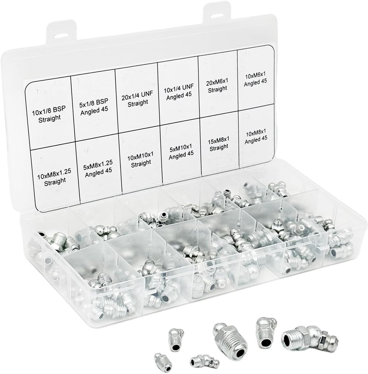 Assortiment kit, M6, M8, M10, metrische vetnippels assortimentset, 130-delige metrische smeernippelset, rechte en schuine smeermiddelset, voor smeerpersen, auto's, motorfietsen