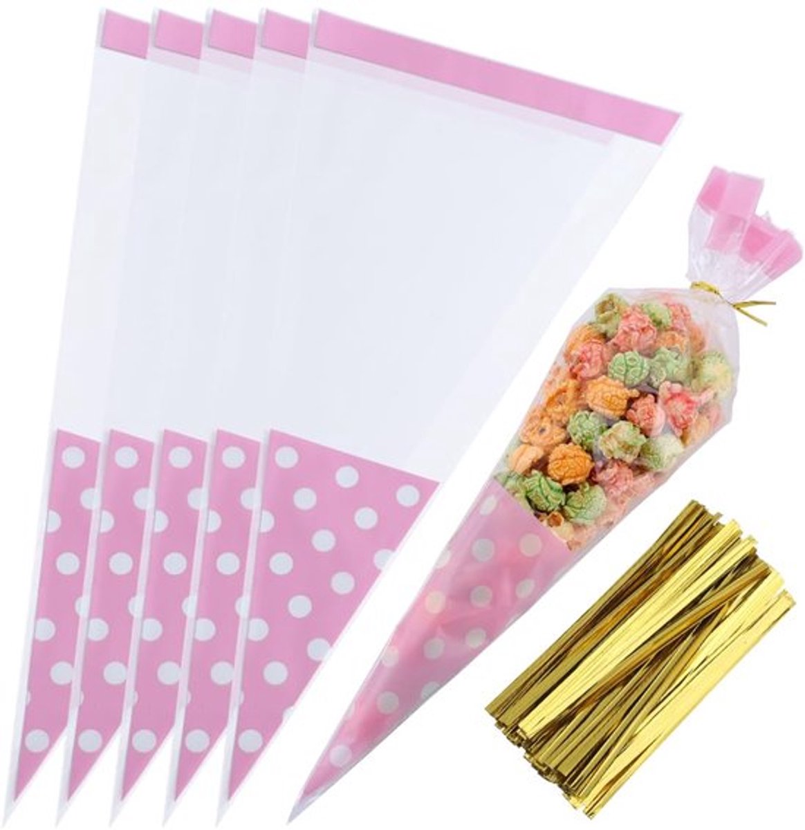 100 stuks kegelvormige snoepzakken met doorzichtige driehoekige stippen, snoepzakjes, snoepzakjes, plastic goody cookies, opbergzakjes met sluitingen voor Kerstmis, verjaardag, feest, bruiloft, cadeau, benodigdheden 17,7 x 36 cm