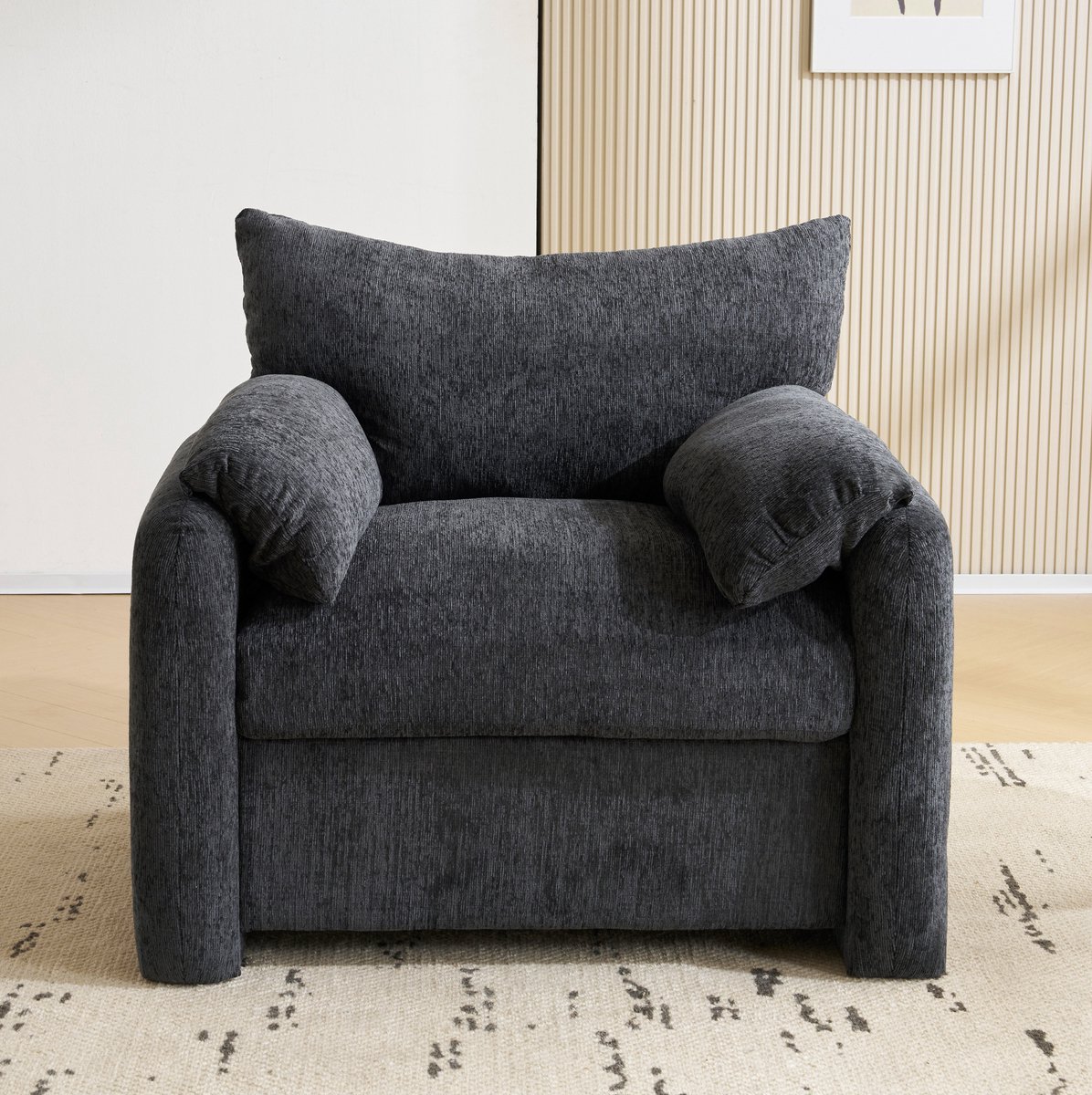 MEUNIQ moderne grijze chenille fauteuil met armleuningen, hoge rugleuning, zachte zitting en 150 kg draagvermogen voor woonkamer of slaapkamer Grijs