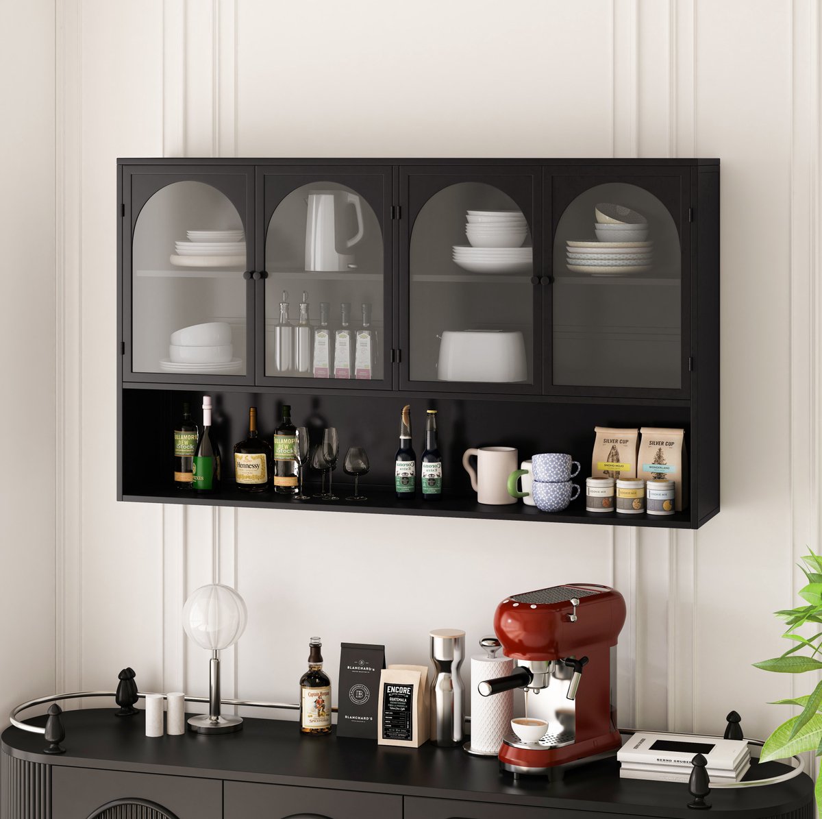 MODENUIT Wandkast - Vier Deuren - Wandhängende Vitrinekast Voor Keuken En Woonkamer - Glas En Metaal - 120x23x70 Cm - Zwart