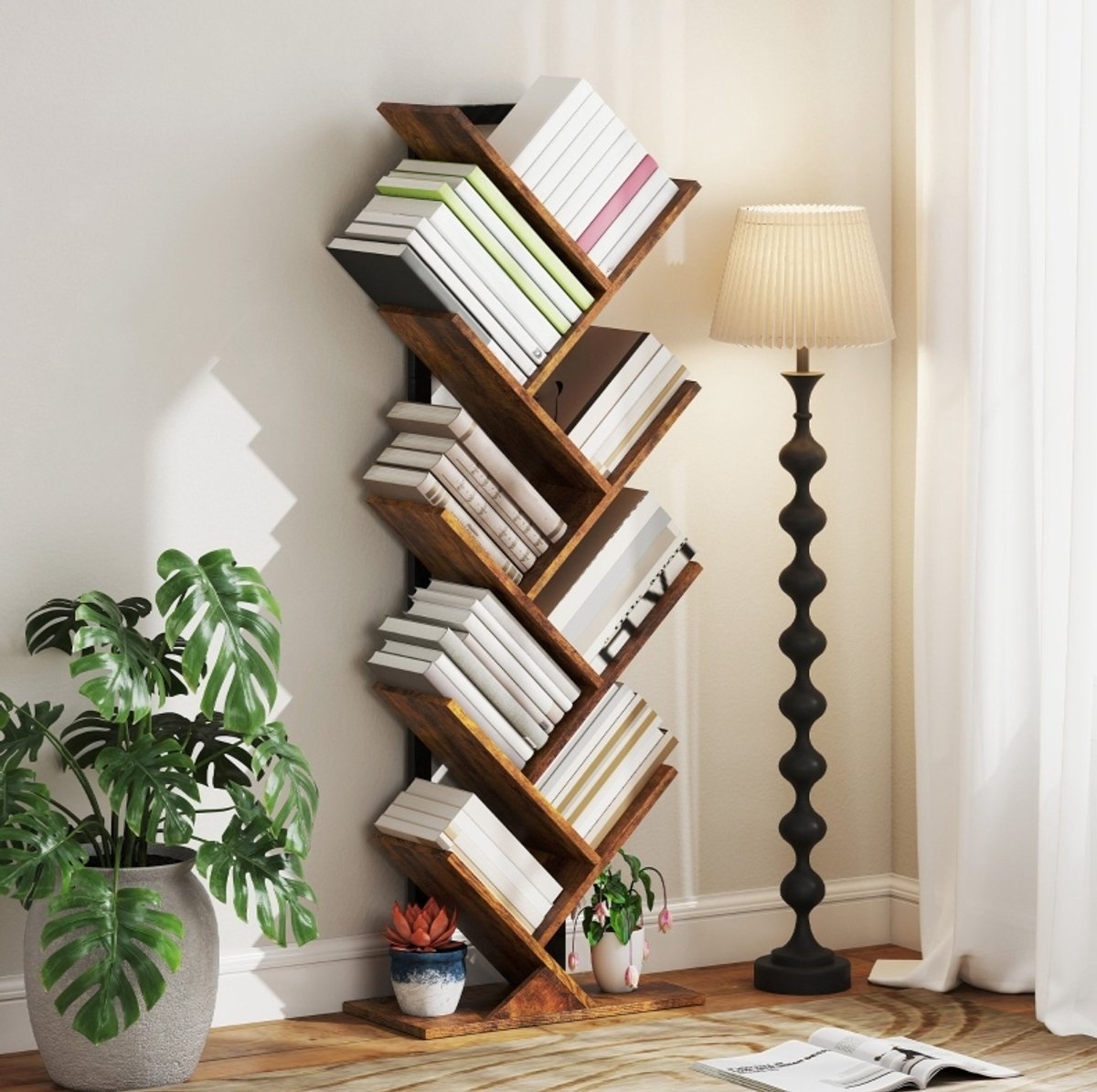 FloraGrace Boekenkast Boomvorm 50 X 24 X 136 Cm Hout Metaal Rustic Brown Open Opbergrek Voor Woonkamer En Kantoor