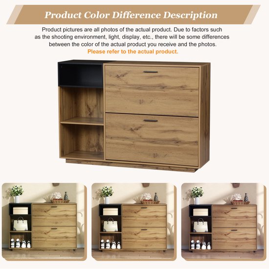 MODENUIT Schoenenkast - 3 Open Vakken En 2 Klapvakken - Hal En Slaapkamer - MDF - Naturel Zwart - 120x32x84,5 Cm — afbeelding 3