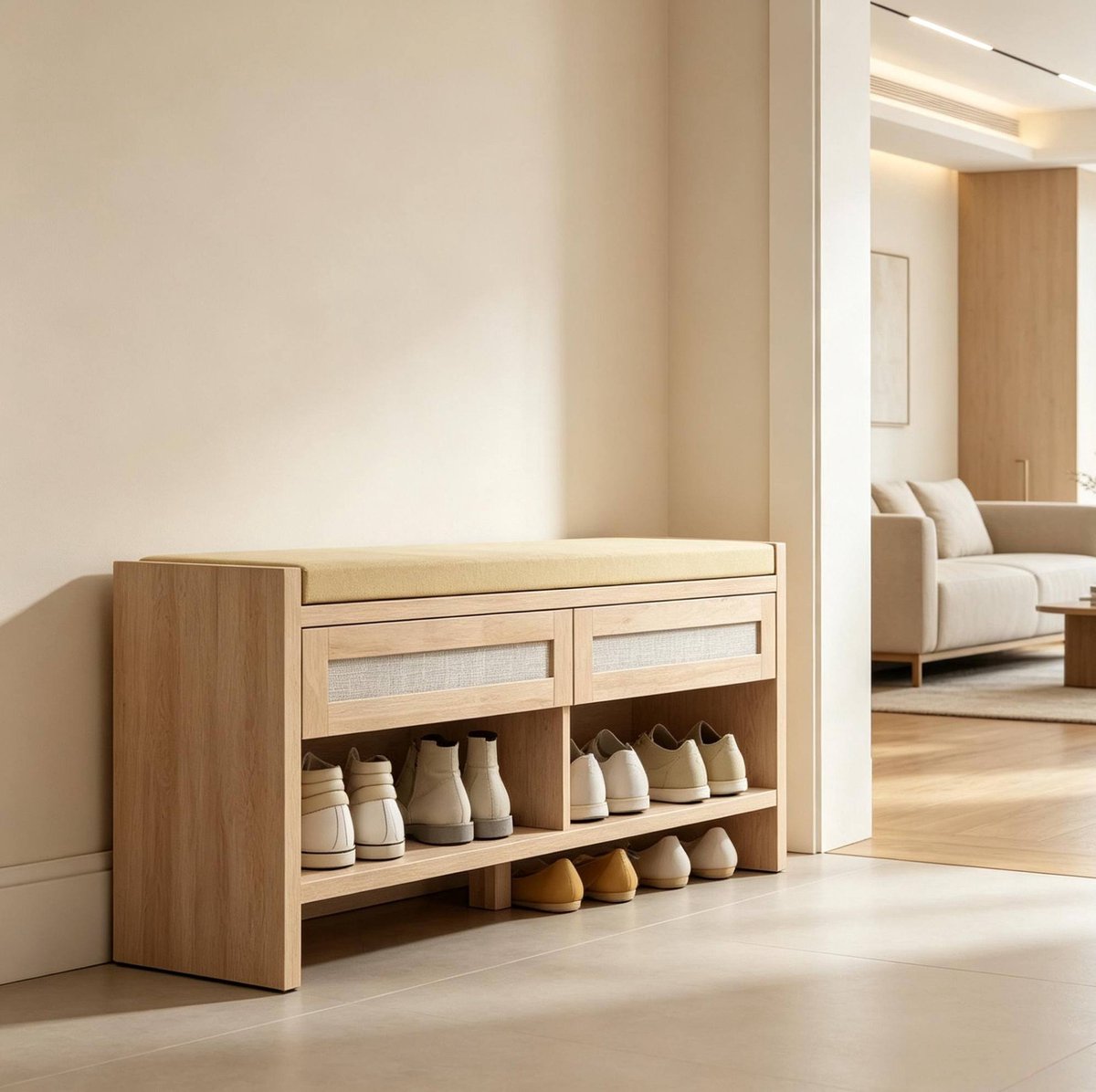 Schoenenkast Met Zitkussen - 2 Lades En Open Vak - 108 Cm - Voor Hal En Entree - MDF En PE Rotan - Lichtbruin Bohemian Stijl