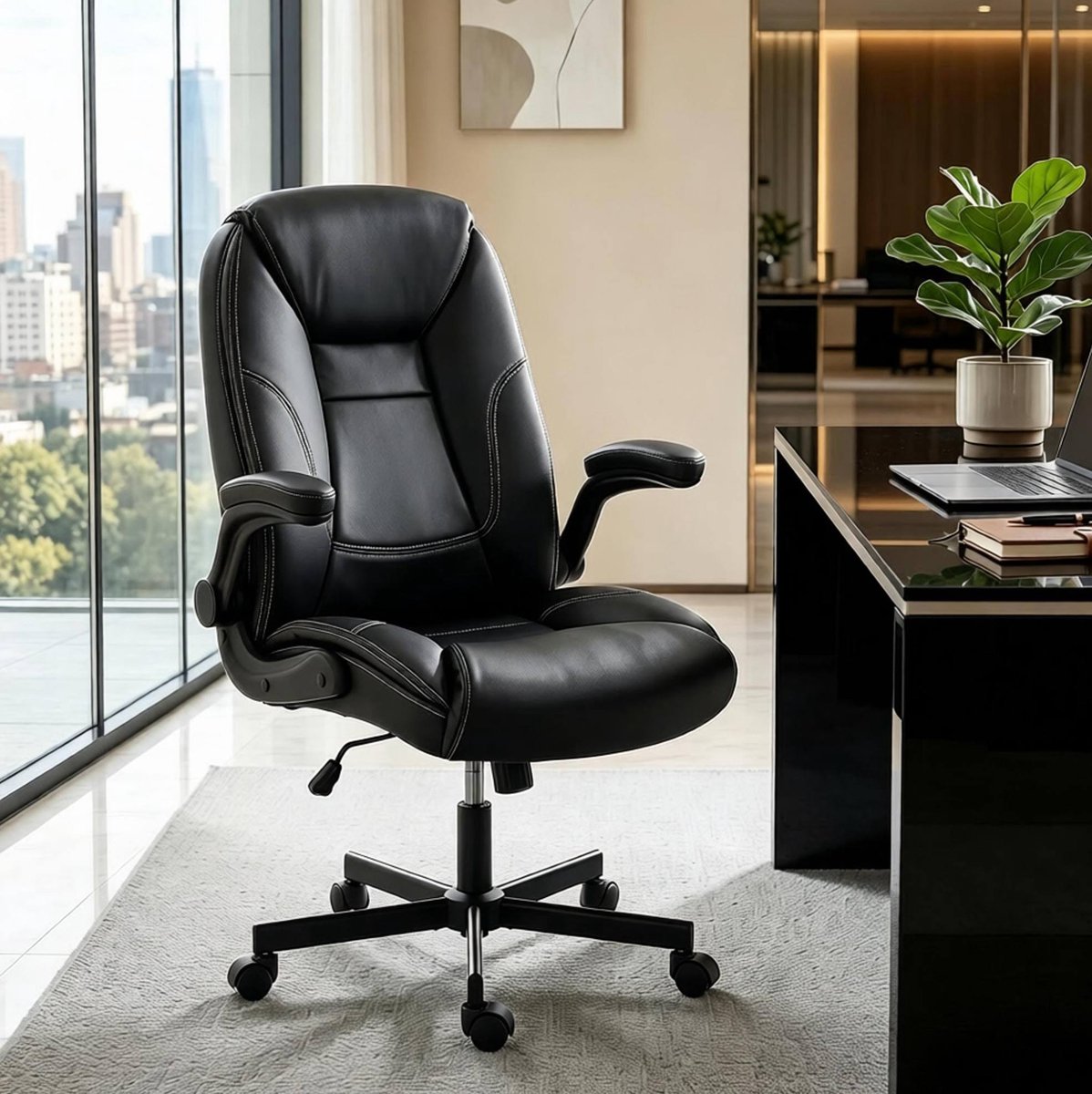 Bureaustoel 69,5 X 77 X 106 Tot 116 Cm - Ergonomisch Met Opklapbare Armleuningen En Kantelfunctie - Voor Kantoor En Studie - Kunstleer - Zwart