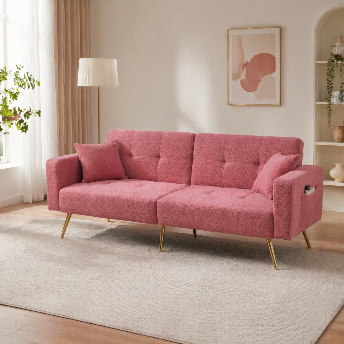 MEUNIQ slaapbank 175 x 64 x 72 cm, 2-zits met verstelbare rugleuning 105/138/180 graden, zijvakken, sherpa stof en gouden poten voor woonkamer of logeerkamer, roze