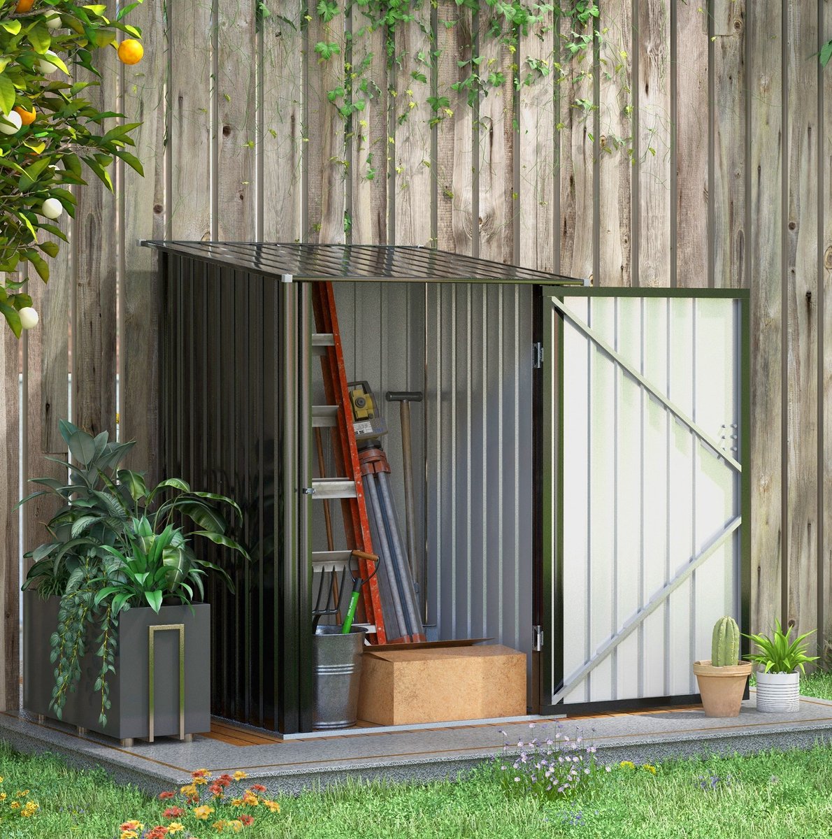 DESMIU Gereedschapsschuur – 100 x 103 x 160 cm – Verzinkt Staal – Donkergrijs – Voor Tuinopslag Met Lessenaarsdak En Afsluitbare Deur