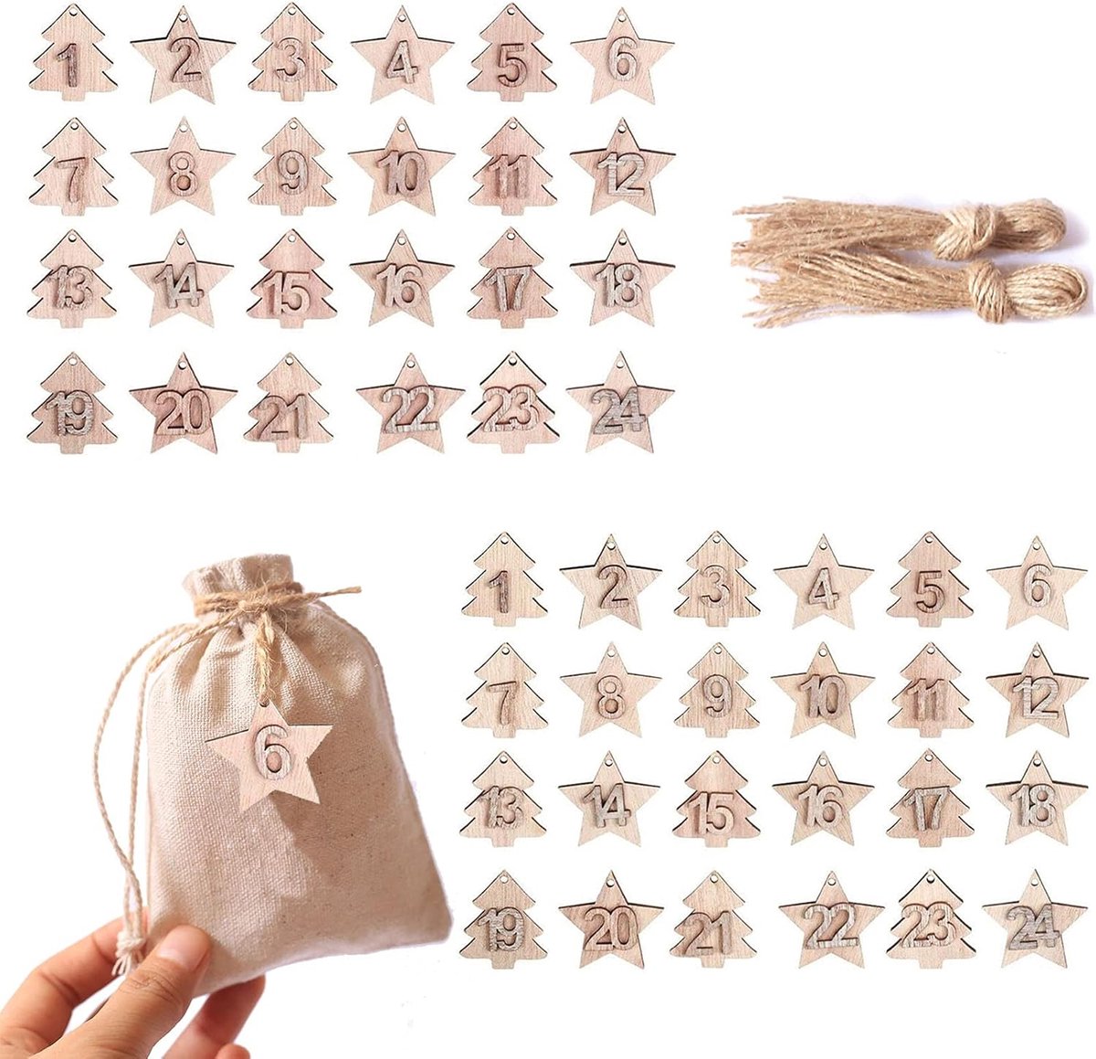 Adventskalender cijfers 1-24 - Houten cijfers - Herbruikbaar - Voor een creatieve kerst - SnelShoppen