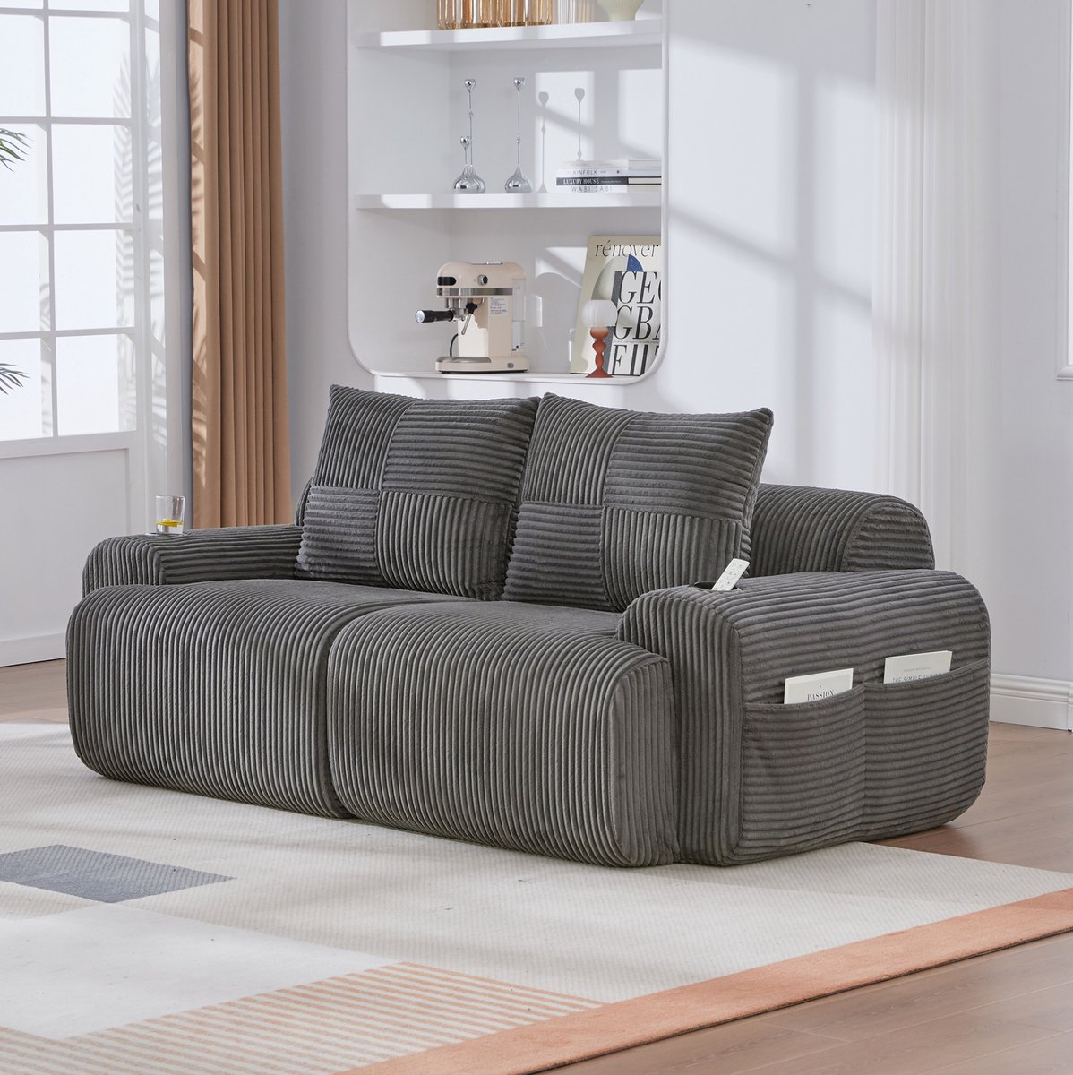 DESMIU Bank - 2-Zits Modulaire Zitbank - Met Cupholder En Zijvak - Voor Woonkamer En Familiekamer - Corduroy - Donkergrijs