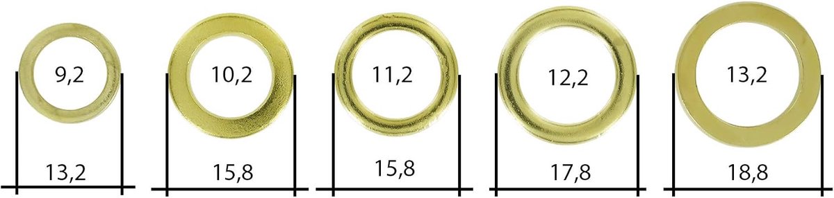 Montageringen set 50 stuks - Diverse maten 9/10/11/12/13 mm - Messing staal - Ideaal voor het liften van deuren - ShopVlot