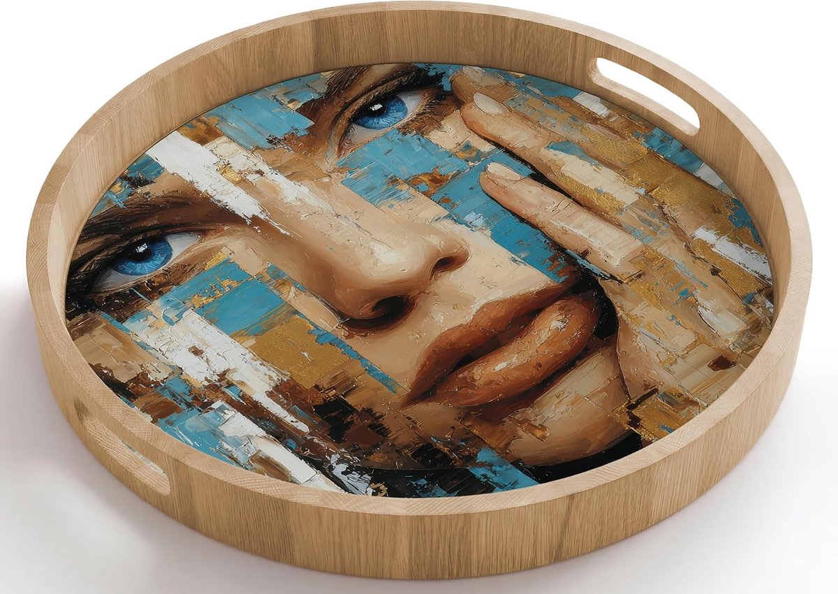 Rond 50x50 cm Houten Dienblad Met Handgrepen Eikenhout Krasbestendig Hittebestendig Wooden Serving Tray Koffie Eten Abstract - Penseelstreken - Blauw - Gezicht