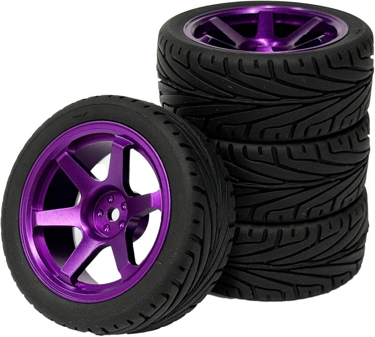 Wielenset, 4 stuks, 65 mm rubberen banden en 6 spaken, aluminiumlegering, metalen velgen, reserveonderdelen voor 1/10 RC On-Road Touring Racing Auto (zwart paars)