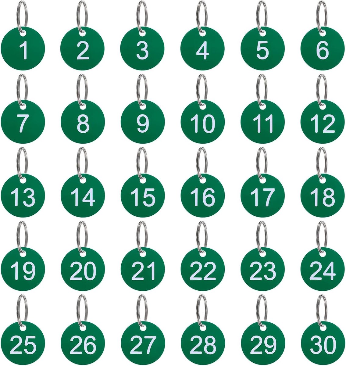 Sleutelhangers, genummerd van 1 tot 30 stuks, genummerde naamplaatjes, 35 mm, genummerde kunststof sleutelhangers voor slaapzaalsleutels, voor kasten, groen