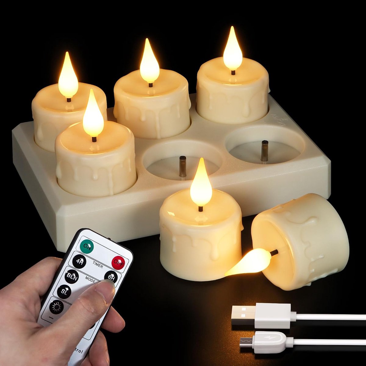 6 led theelichtjes oplaadbaar met laadstation en USB-kabel, elektrische kaarsen flikkeren met afstandsbediening, timer, dimbaar, warmwit, diameter 4 x 5,5 cm
