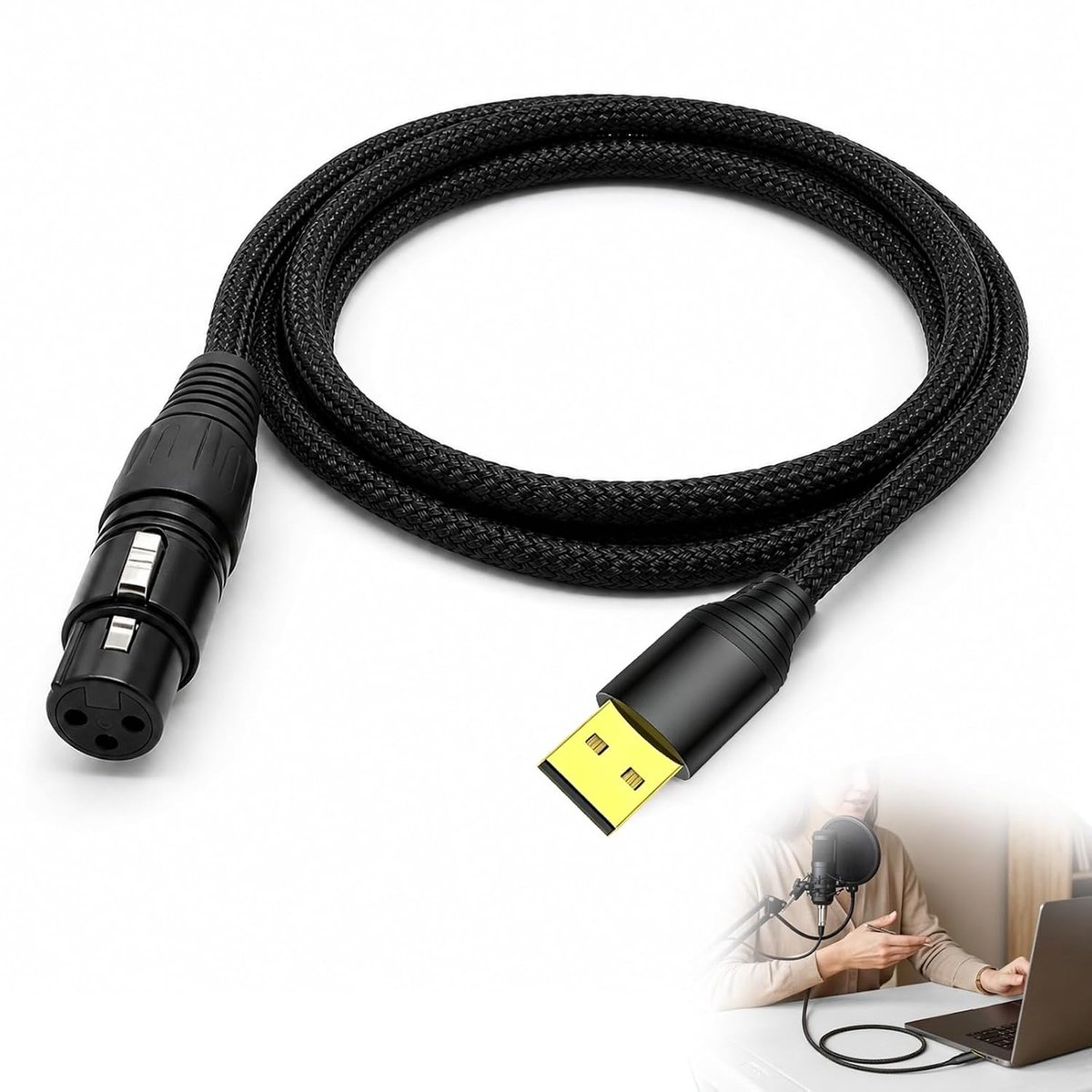 USB-microfoonkabel, XLR naar USB-microfoonkabel, nylon materiaal en puur koperen kern, professionele adapter voor opnames en streaming, voor pc, laptop, opnameapparaten, verbindingen (1,5 meter