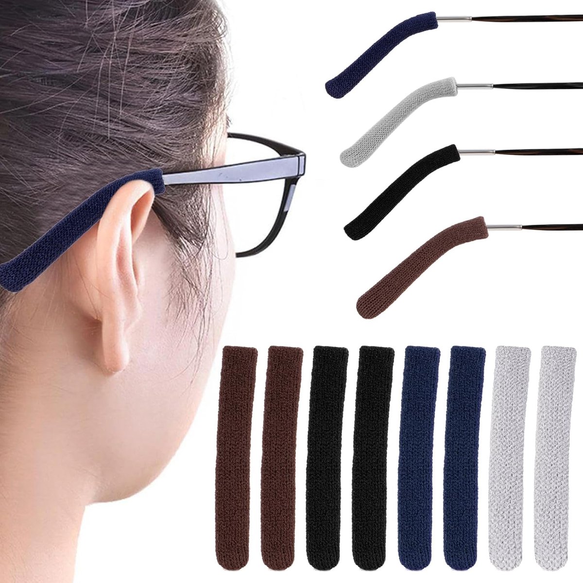 Brillen tempeltips mouw, bril oorkussen, anti-slip elastische brilgrepen, zachte breistof, brillenhouder voor leesbril, zonnebril (4 paar, zwart, grijs, bruin, marineblauw)
