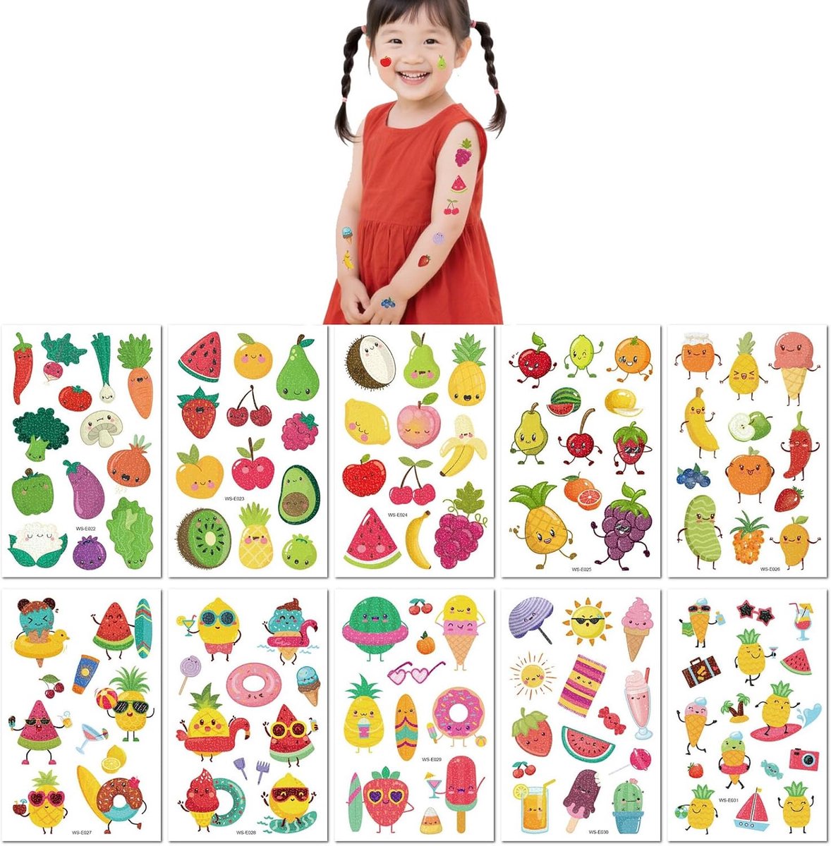 10 Vellen Waterdichte Zweet Zomer Groenten En Fruit Dessert Cartoon Kinderen Glitterpoeder Tijdelijke Tattoo Stickers Feest Stickers