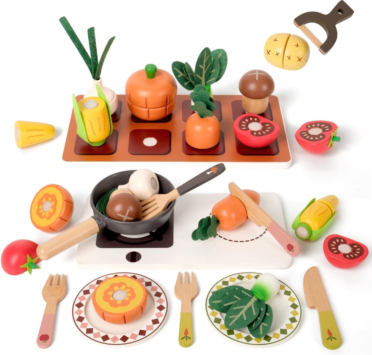 speelkeukenset – speelkeukenaccessoires voor kinderen, fantasiespel "Van de boerderij tot het koken", houten snijcombi met groenten