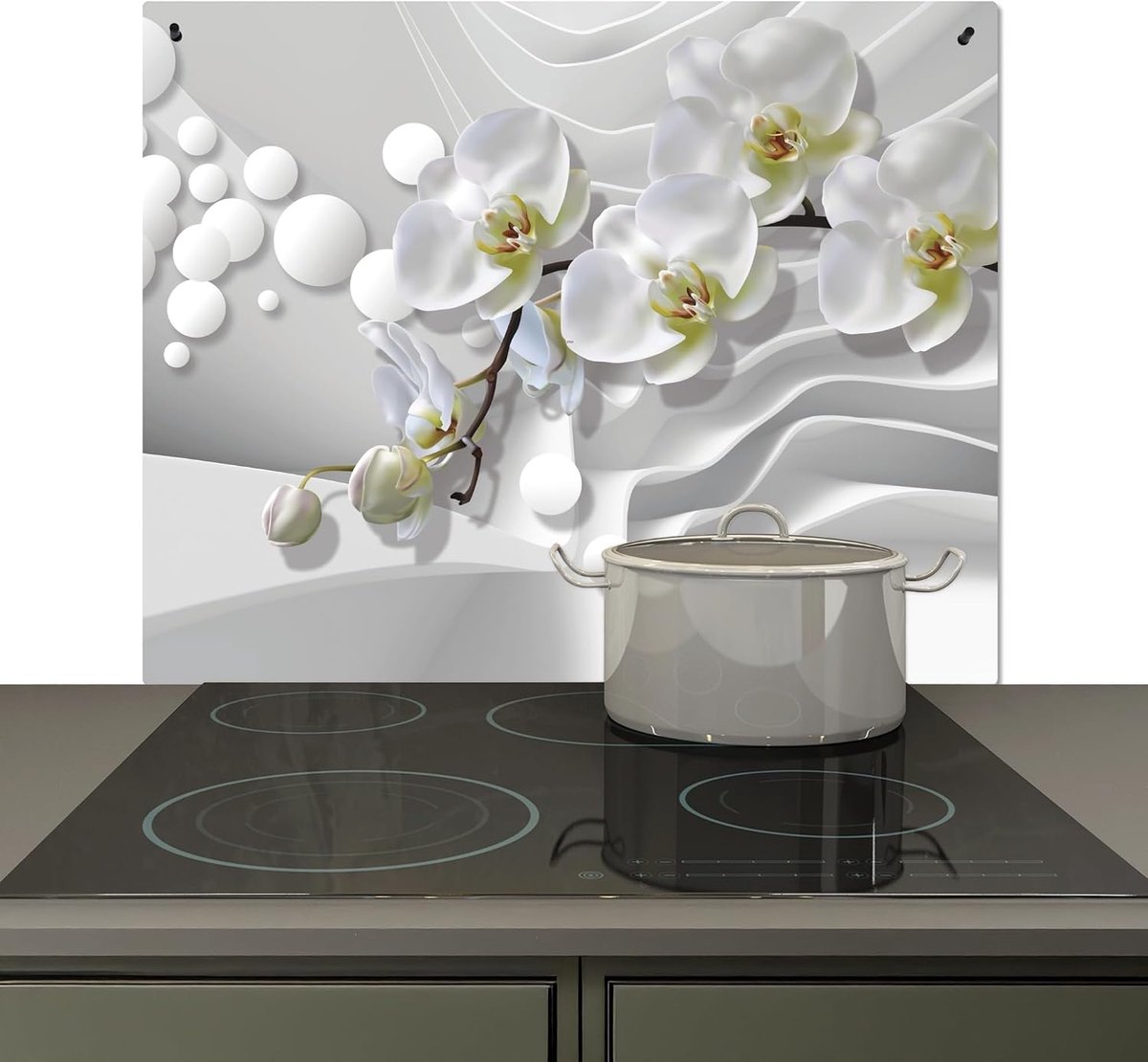 Spatscherm Keuken 52x60 cm Kookplaat Achterwand Beschermer Muur Spatwand Fornuis Aluminium Hittebestendig - Wit - Bloemen - Orchidee - Abstract - Modern | 60 x 52 cm - wandbekleding, fornuisafdekplaten wit - bloemen - orchidee - abstract - modern