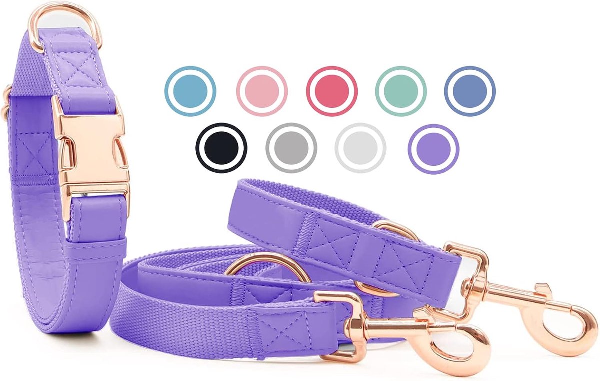 Lederen hondenhalsband en riem (2 m) set - 3-voudig verstelbare hondenriem met halsband, stijlvolle roségouden metalen gesp & nylon hondenriem voor puppy's kleine middelgrote grote honden Heviolet, L