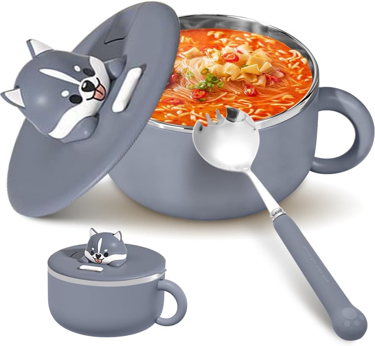 Ramenkom met deksel, 1200 ml, instant-ramenkom met deksel en lepel, 304 roestvrij staal, pastakommen voor pasta, salade (B)