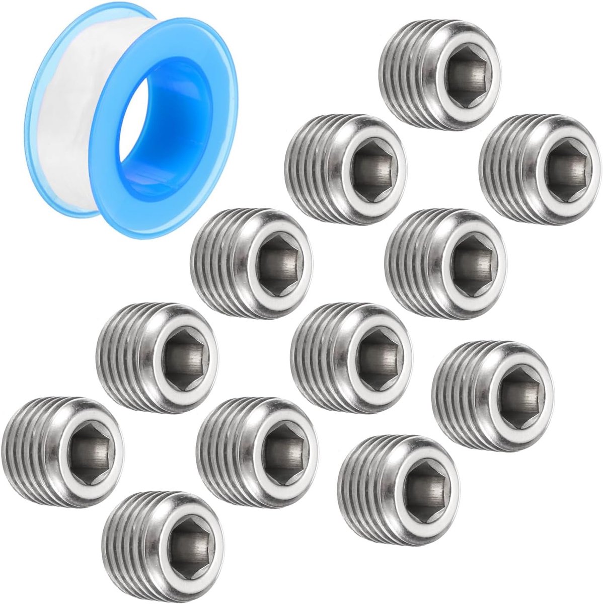 1/4 inch NPT binnenzeskant schroefdraad slangstekker roestvrij staal met PTFE band mannelijke schroefdraad pipa dop zilver 12 stuks