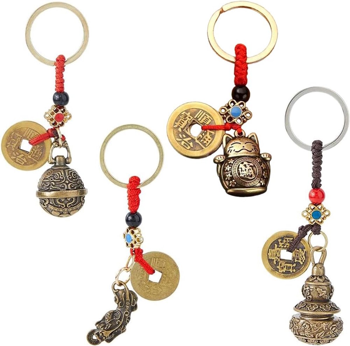 4 stijlen Chinese sleutelhangers geluksbrenger sleutelhanger Feng Shui gelukskat Pixiu Wu Lou bedels sleutelhangers met Feng Shui munt voor duurzaamheid en rijkdom