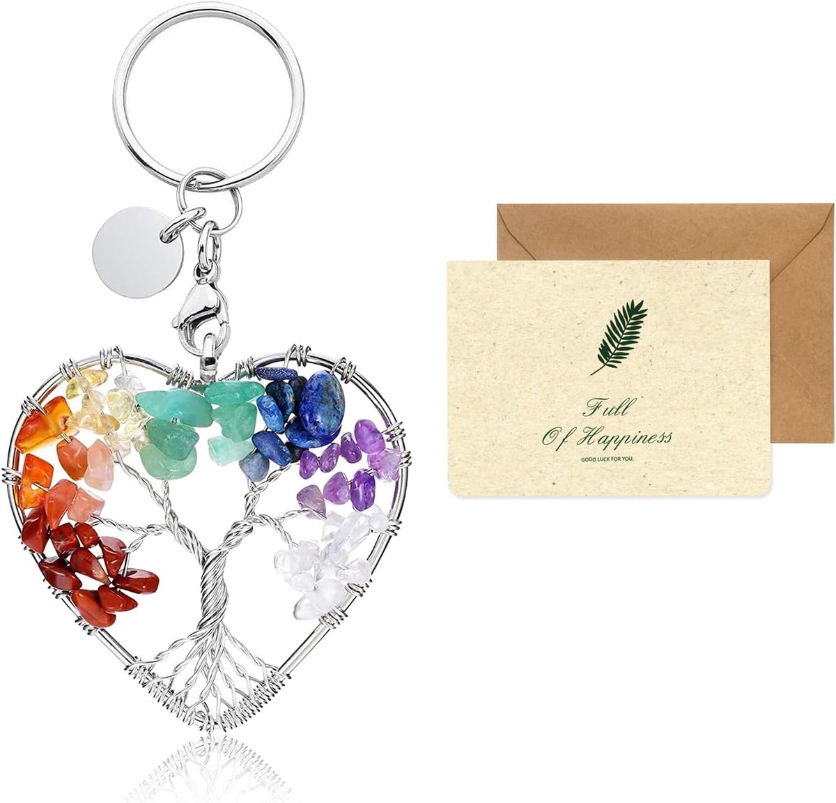 Originele levensboom sleutelhanger mooi hart 7 chakra genezen kristal levensboom sleutelhanger dames heren chic sieraden hanger sleutelhanger geluk voor koppels en vrienden met kaart,