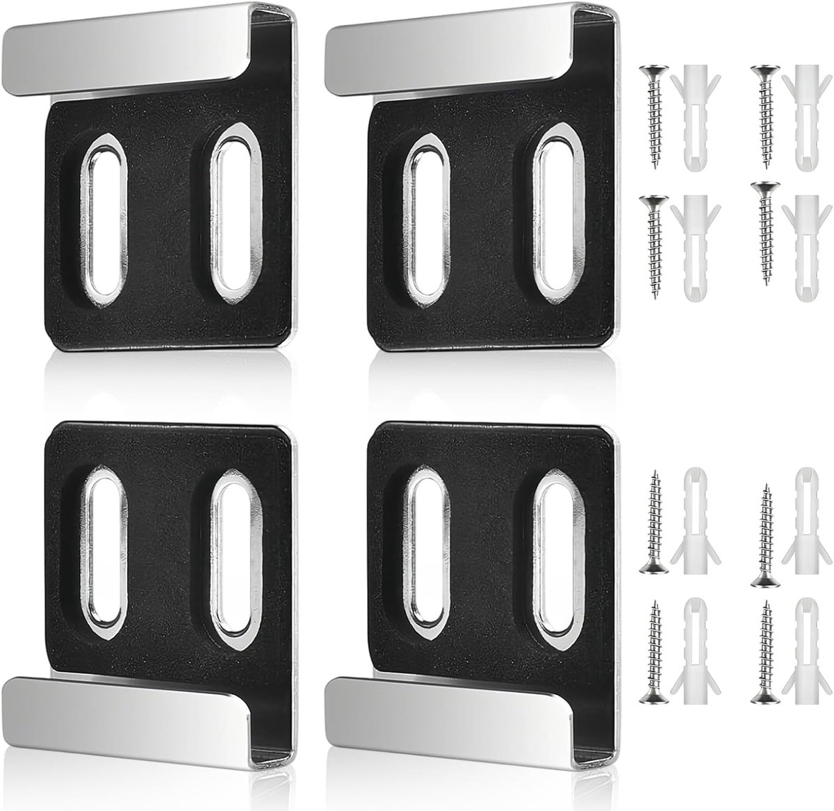 Set van 4 spiegelhouders voor aan de muur, dubbele gat, zilveren spiegelhouder, met 8 schroeven en 8 pluggen, voor spiegels met een dikte van 4-6 mm