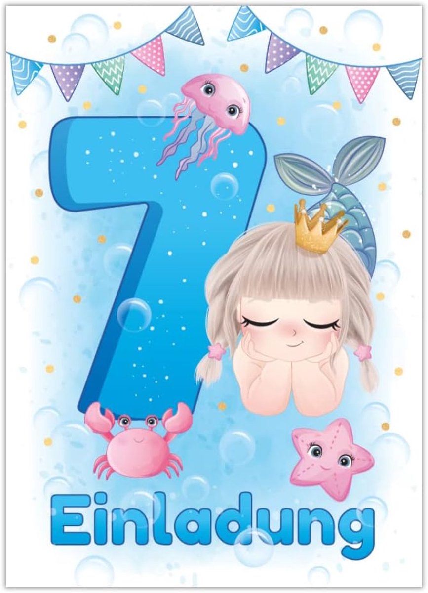 SnelShoppen - 12 Uitnodigingskaarten Zeemeermin voor 7e Verjaardag Meisje - Kinderfeest, Feestdagen, 10.5x14.8 cm, Hoogwaardig, Made in Germany