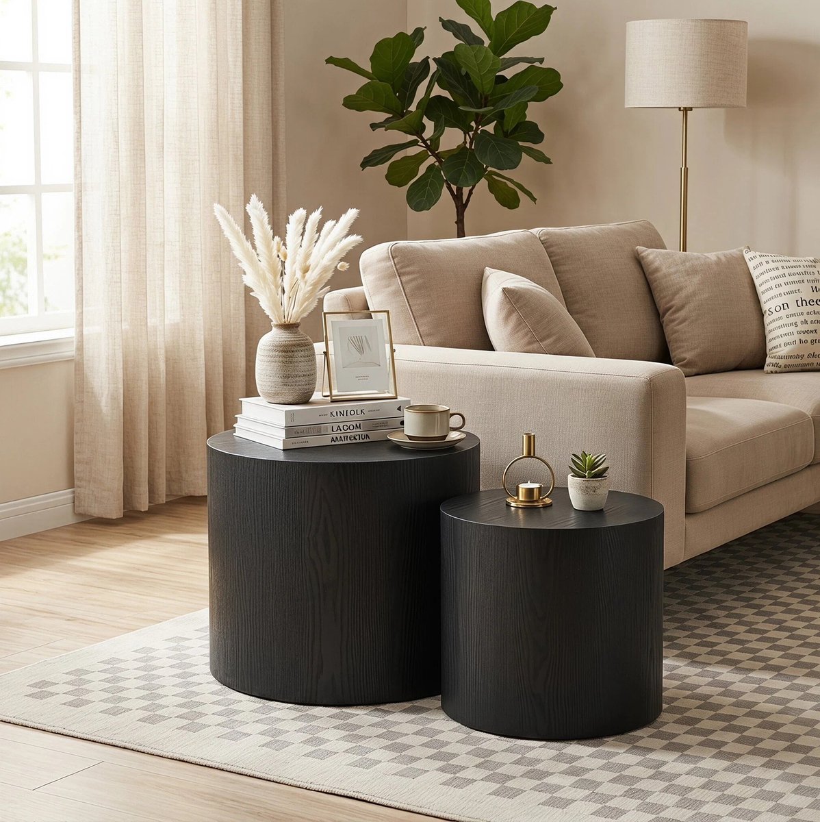 Zwarte Ronde Bijzettafel Set Van 2 - Nestbaar Ontwerp Met Antislip Voeten - Modern Voor Woonkamer En Slaapkamer - MDF - 53X53X44 Cm
