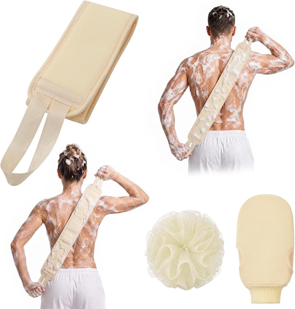 Exfoliërende rugscrubber-badhandschoenen 3-delig - beige - Koreaanse kwaliteit - voor een zachte huid - SnelShoppen