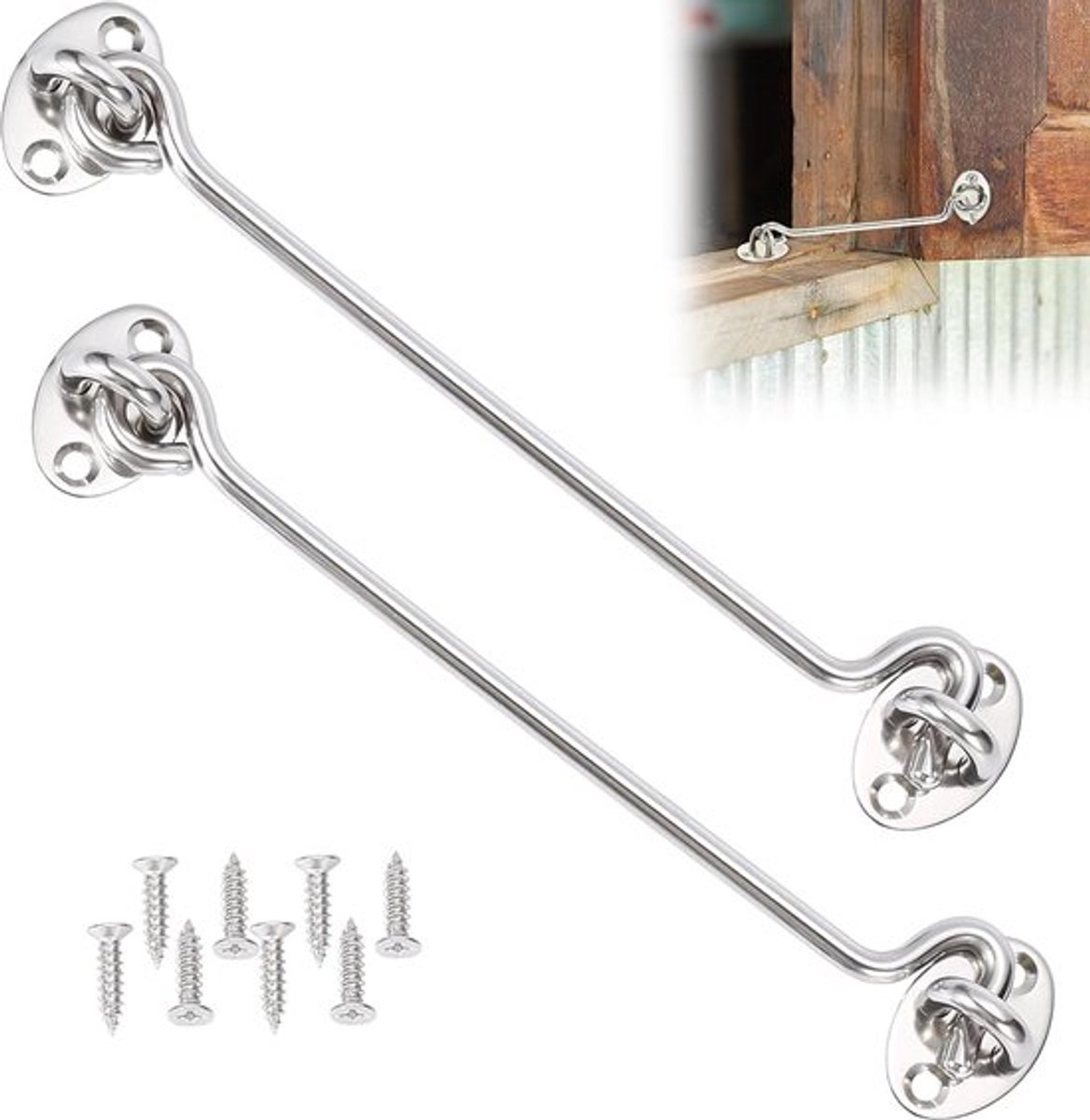 2 stuks stormhaken met oogje, stormhaak roestvrij staal, grendel deurslot, grendel roestvrij staal, stormhaak, slot van roestvrij staal, cabinehaak voor het balkon, deurgrendel (20 cm)