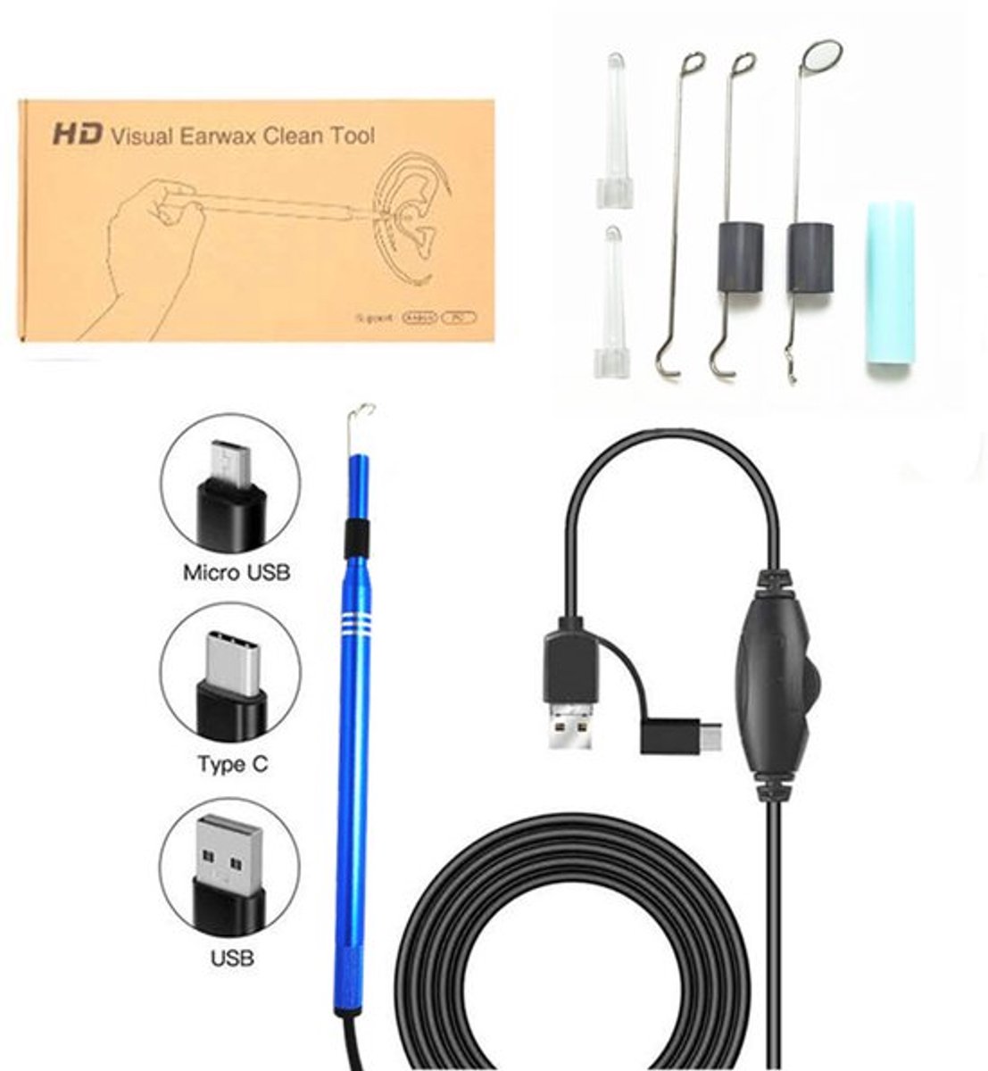 Otoscoop Onderzoekscamera Video 3-in-1 USB Visuele Oorreiniging Endoscoop Medische Camera Geschikt voor Android Telefoon Computer Blauw