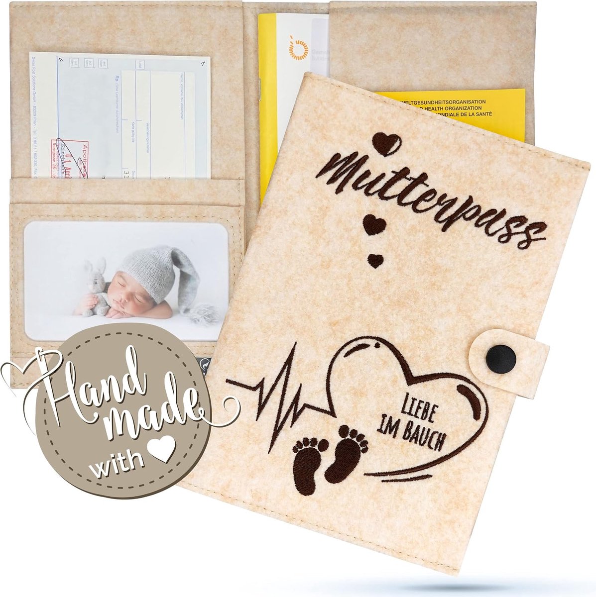 U-booklet beschermhoes hart & voet 'liefde in buik' - beige vilt - handgemaakt - perfect voor cadeau - ShopVlot