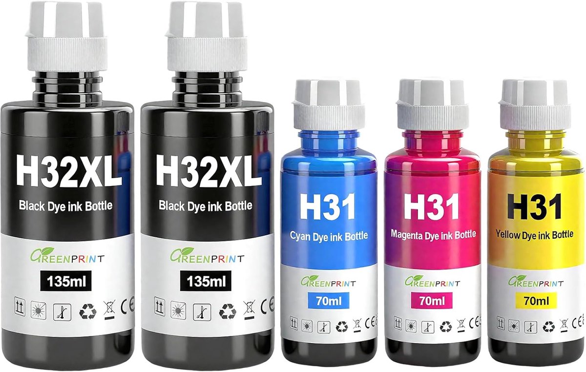 Inktmultipack 31 32XL - 5 Flacons - Zwart, Cyaan, Magenta, Geel - Geschikt voor HP Smart Tank - ShopVlot