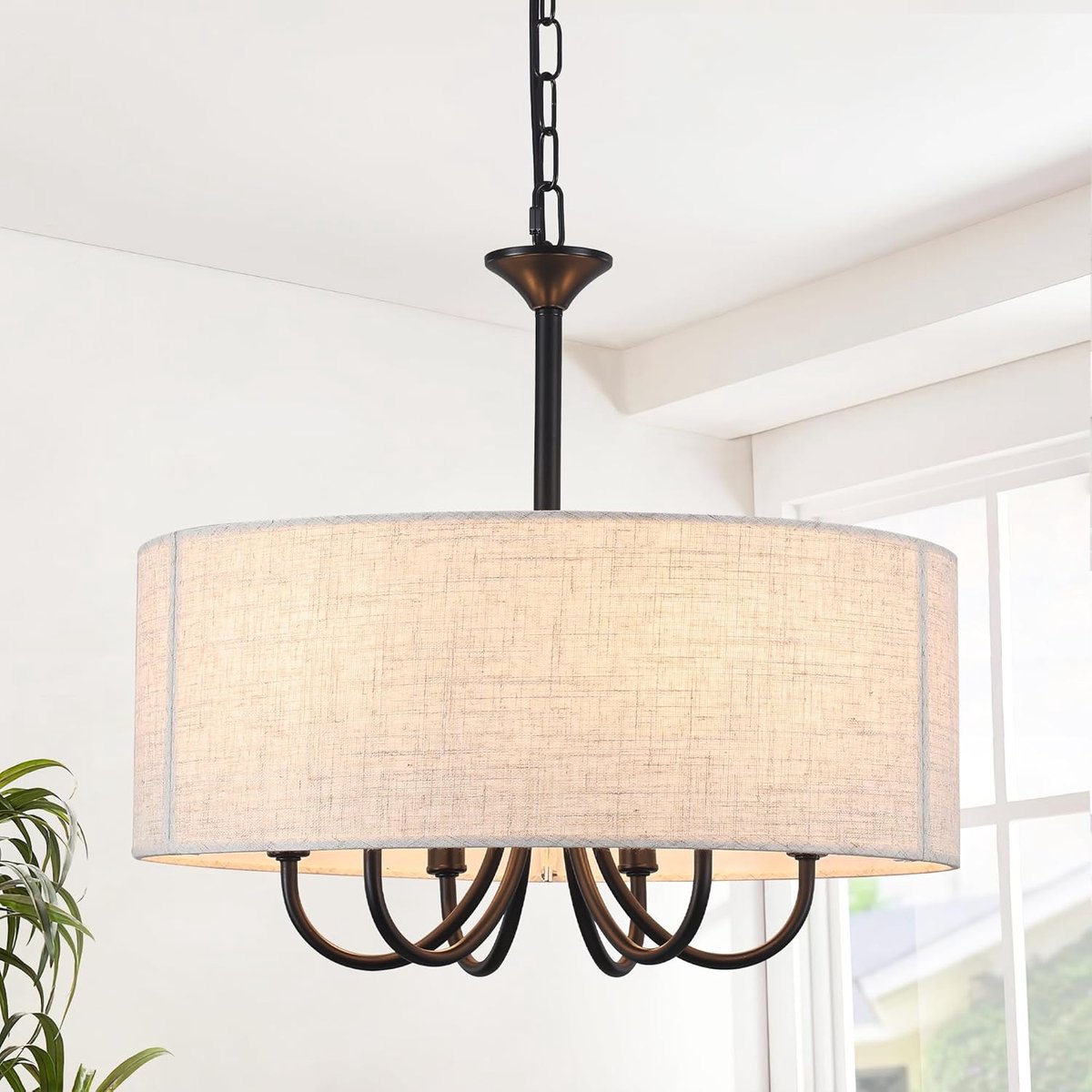 Kroonluchter 6-lamps - Zwart met witte kap - Modern design - Perfect voor woonkamer of slaapkamer - ShopVlot