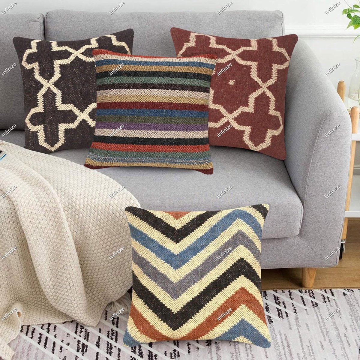 Kussenset 4 stuks 45x45 cm - handgeweven wol-jute - bohemian design - sfeervolle aankleding - SnelShoppen