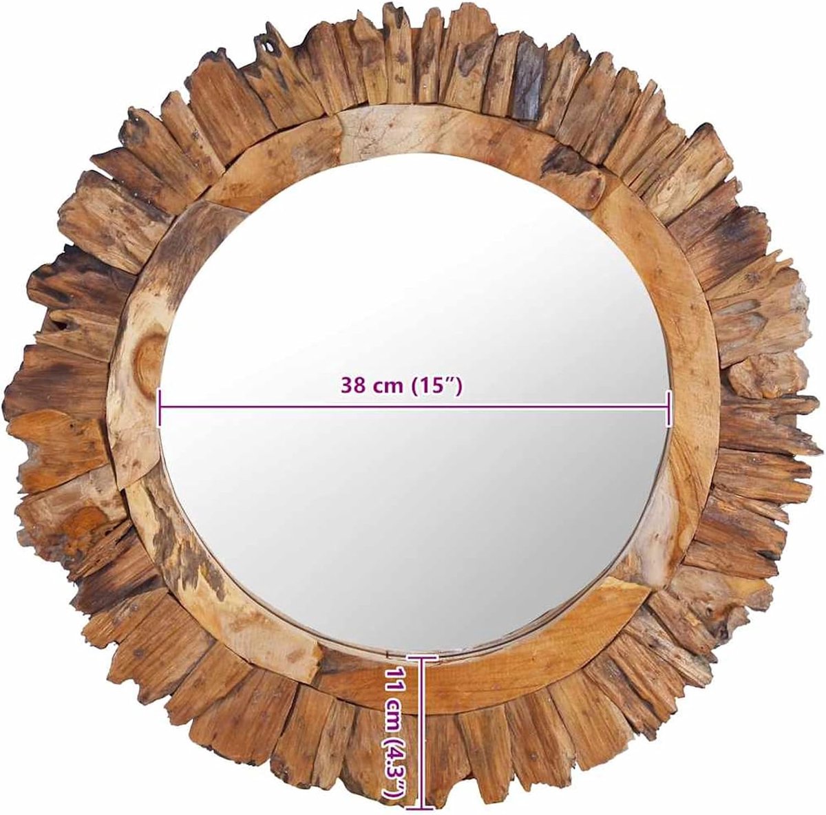Wandspiegel teakspiegel met montagehaken, badkamerspiegel frame met bloembladpatroon, diameter: 60 cm, teak massief hout en glas, rond