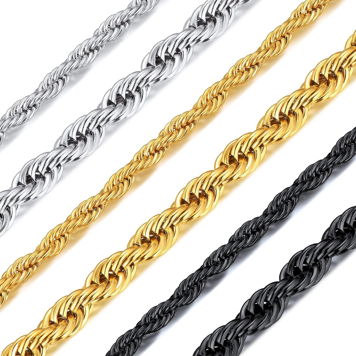 Twist ketting, 3MM/6MM breed, 18"-30" lengte, goud/zwart vergulde roestvrij stalen sieraden Twister touw ketting (geschenkverpakking)