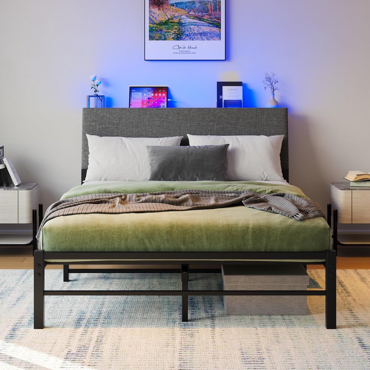 120 x 200 cm met lattenbodem van metaal, bedframe 120 x 200 cm met hoofdeinde en opbergruimte, metalen bed, 120 x 200 cm, tweepersoonsbed, geen boxspringbed nodig, zwart bedframe