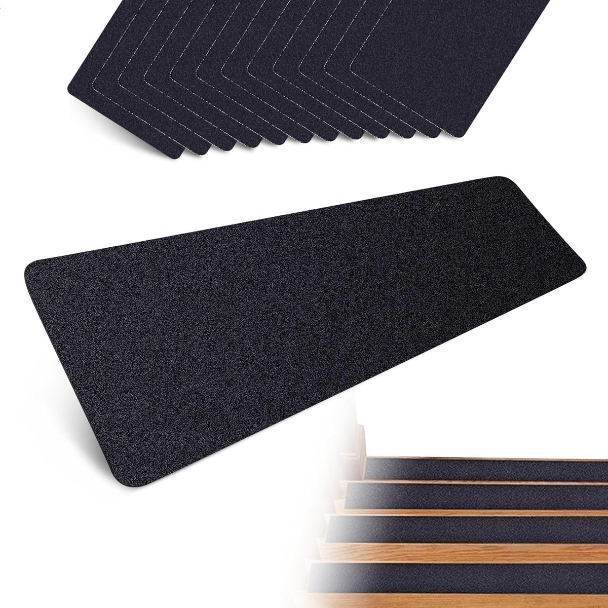 Trapmat, antislip, 12-delig, 61 x 10 cm, trapafdekking, zelfklevend, met rollen, antislip, voor badkamers, zwembad, skateboard, ladders, zwart