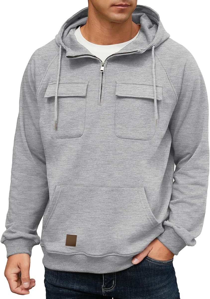 Heren Cargo Hoodie Kwart Zip Sweatshirt Tactische Pullover Casual Gym Sportieve Losse Capuchontrui