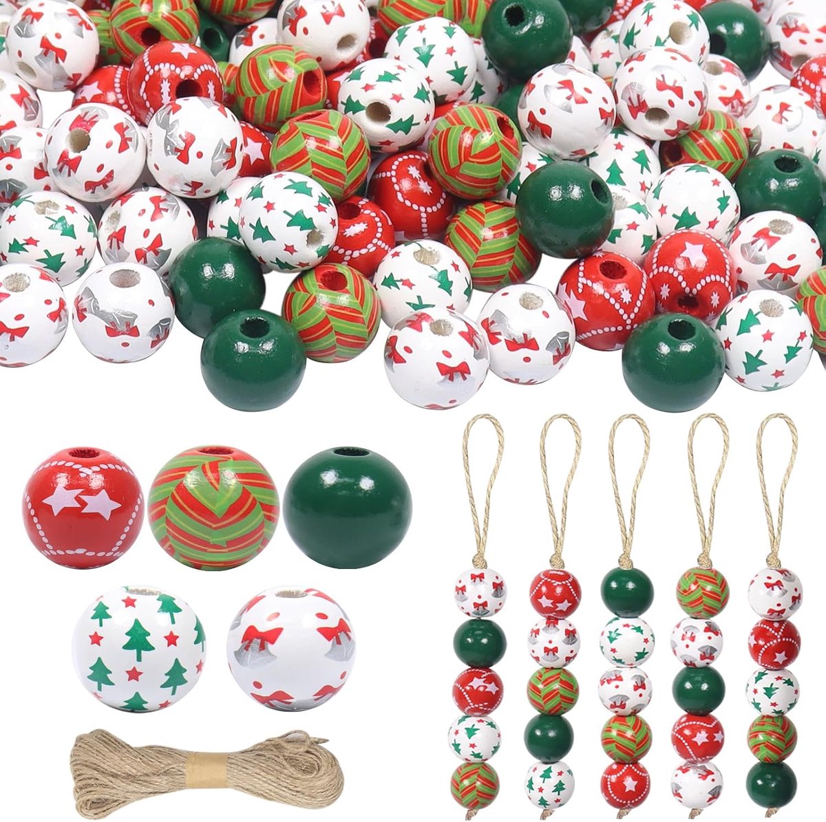 Kralen voor Kerstmis, houten kralen met gat, knutselkralen, houten kralen om te rijgen, natuurlijke houten kralen met jute touw, knutselkralen voor doe-het-zelf kerstdecoratie