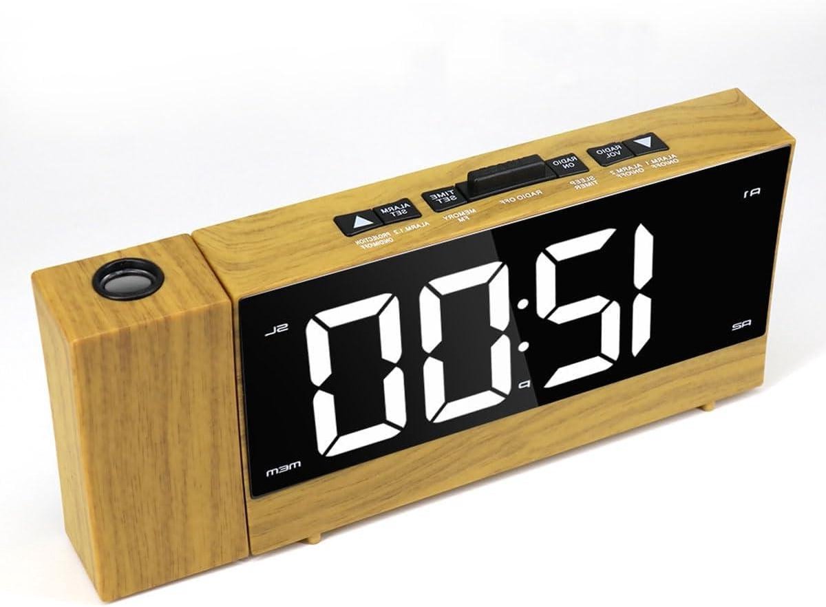 Projectie Wekker - Digitale Klok Radio - Wakker Worden - 180 Graden Projectie - 19.5 cm - Houtkleur
