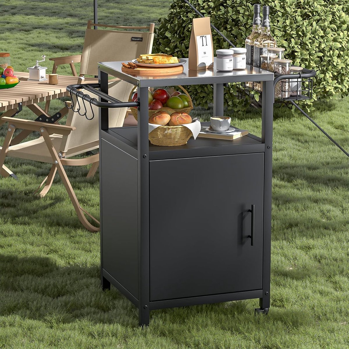 Grilltafel, outdoor grillwagen, keukenwagen, grill bijzettafel met kast en 2 wielen, weerbestendig, multifunctioneel roestvrij staal voor barbecue en tuin