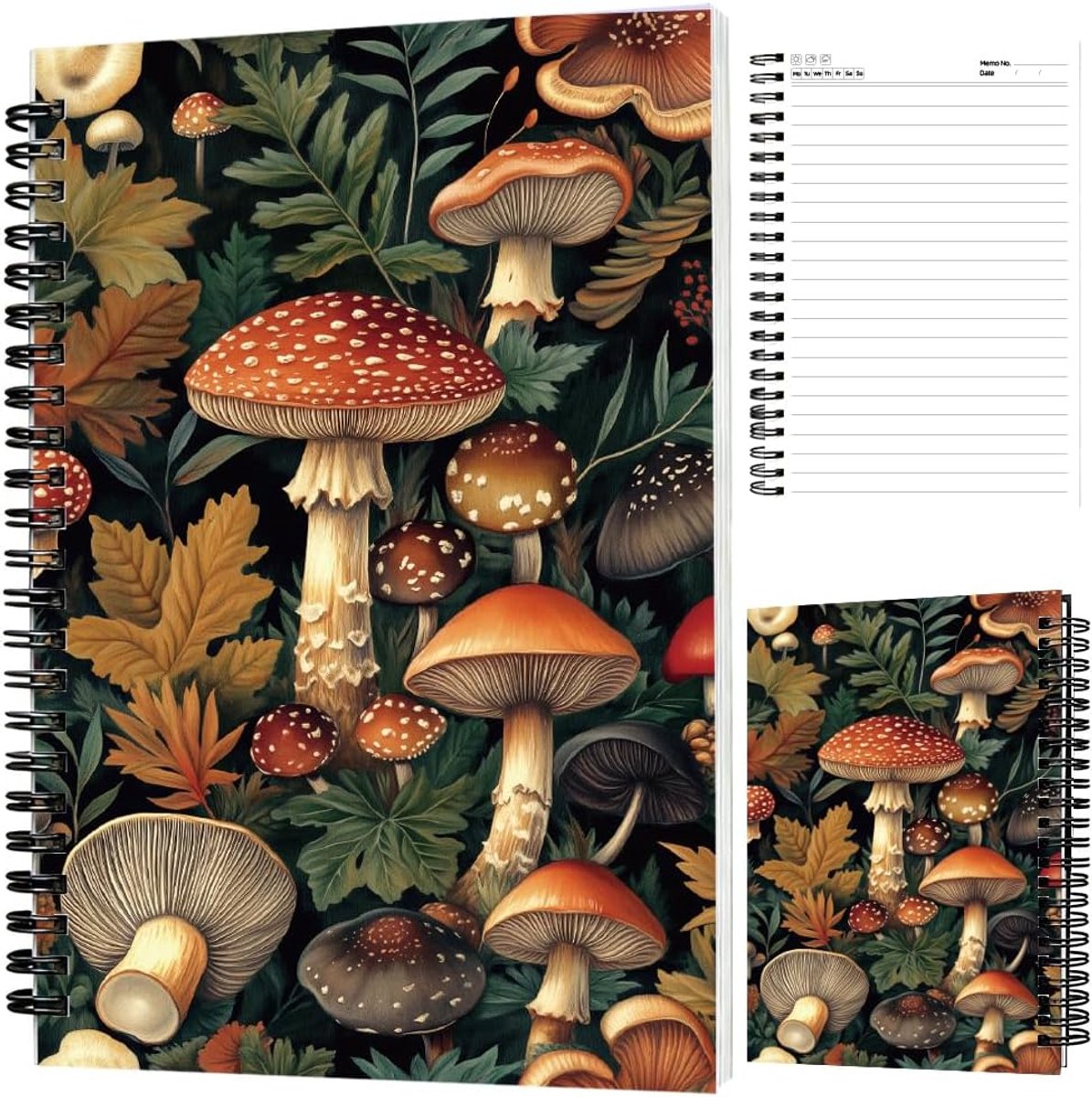 Walspaddenstoel spiraalblok 5,5 x 8,3 cm, vintage paddenstoelen, spiraalboek, herfstbomen, paddenstoelen, spiraalgebonden notitieboek, bladeren, spiraalgebonden schrijfblok voor kantoor