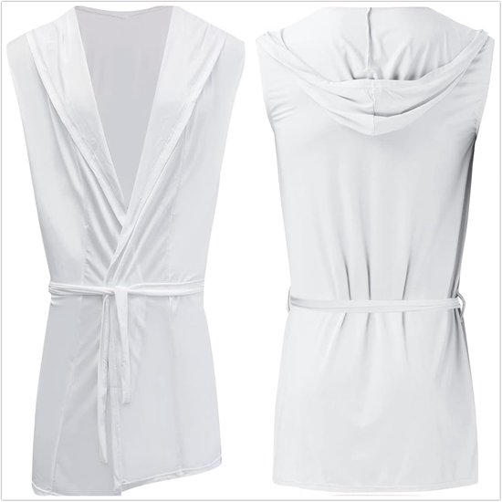 Badjas met capuchon voor heren, mouwloze zijden pyjama, nachtkleding, lichte vaste ochtendjas, spa-badjas met riem, zachte zomerpyjama voor thuis — afbeelding 2